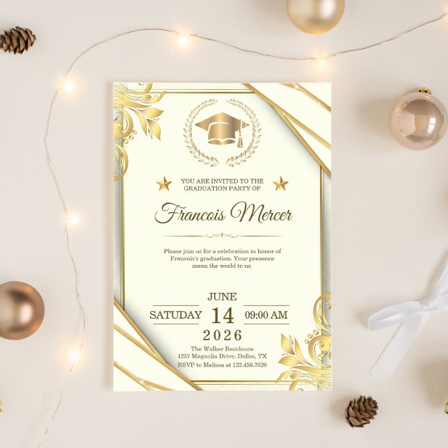 Invitación White and Gold Elegant Graduation Party (Graduation Invitation)