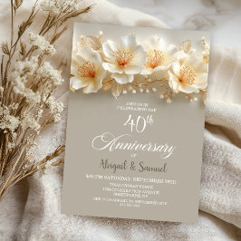 Invitación White and Gold Floral 40th Wedding Anniversary