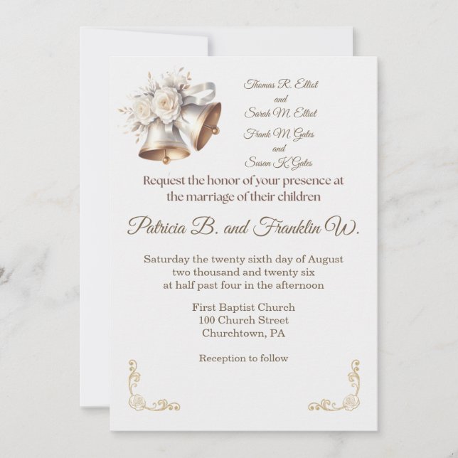 Invitación White and Gold Wedding Bells Wedding Invitation (Anverso)