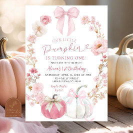 Invitación White and Pink Bow Coquette Pumpkin 1st Birthday 