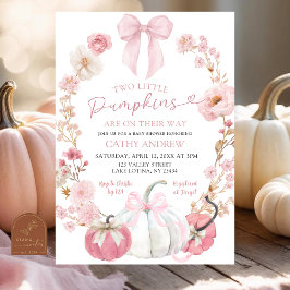 Invitación  White and Pink Bow Coquette Twins Pumpkin Floral 