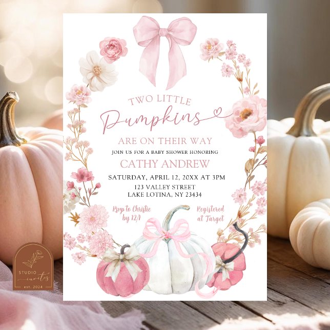 Invitación  White and Pink Bow Coquette Twins Pumpkin Floral  (Subido por el creador)