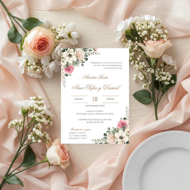 Invitación White and pink floral Spanish wedding (Subido por el creador)