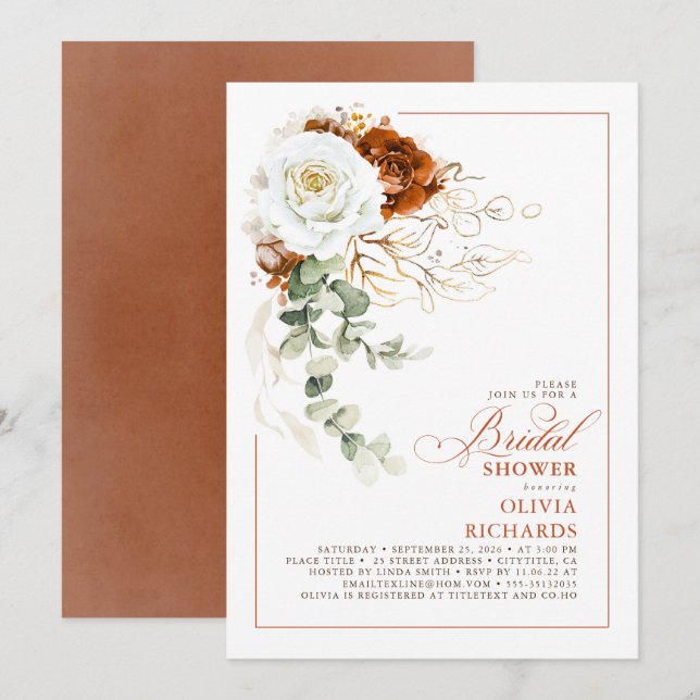 Invitación White and Terracotta Floral Fall Bridal Shower (Anverso / Reverso)