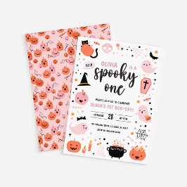 Invitación White BG Pink and Orange Halloween 1st Birthday In
