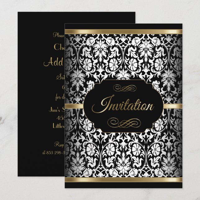 Invitación White, Black and Gold Party Template | Invitation (Anverso / Reverso)