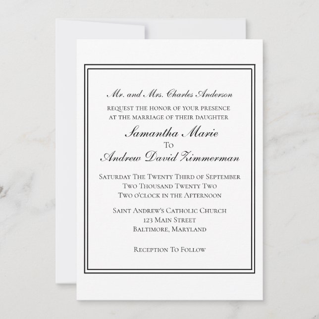 Invitación White Black Border Clásico Elegante Formal Boda (Anverso)