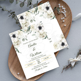 Invitación White Black Green Elegant Anemone Wedding