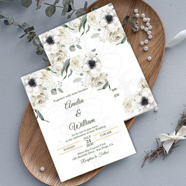 Invitación White Black Green Elegant Anemone Wedding (Invitation wedding)