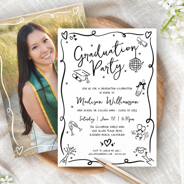 Invitación White Black Hand Drawn Doodle Photo Graduate Party (Subido por el creador)