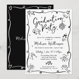 Invitación White Black Hand Drawn Doodles Graduation Party