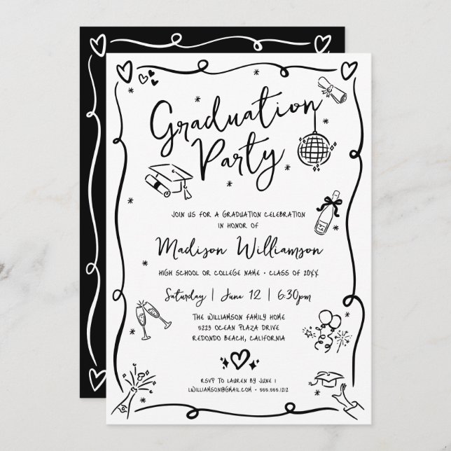 Invitación White Black Hand Drawn Doodles Graduation Party (Anverso / Reverso)