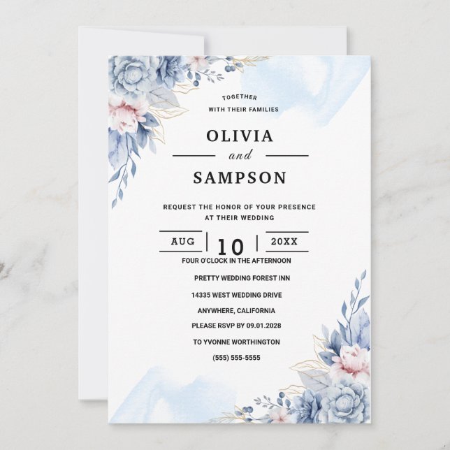 Invitación White blue elegant wedding (Anverso)
