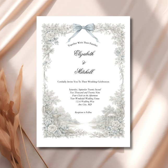 Invitación White Blue Toile Floral Coquette Bow Elegant  (White Ivory Light Blue Toile Florals and coquette Bow Elegant Wedding invitation. Printed or Digital)