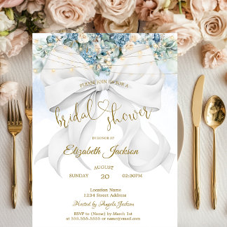Invitación White Bow Blue Flowers String Lights Bridal Shower