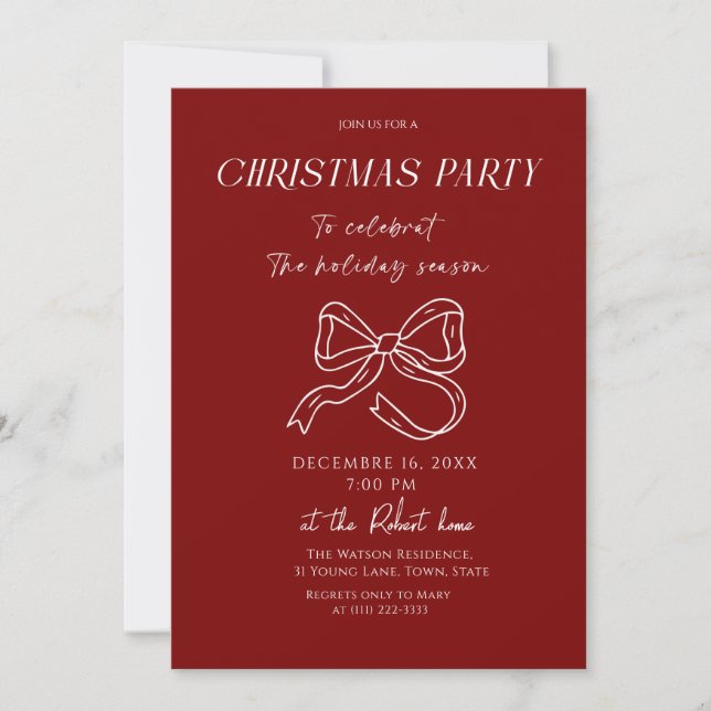 Invitación White bow Christmas Holiday Party Invitation (Anverso)