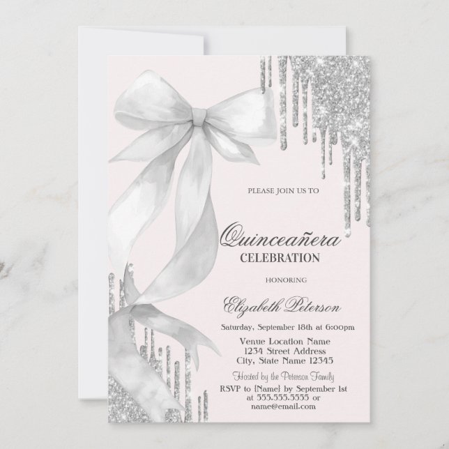Invitación White Bow Silver Glitter Drips Quinceañera (Anverso)