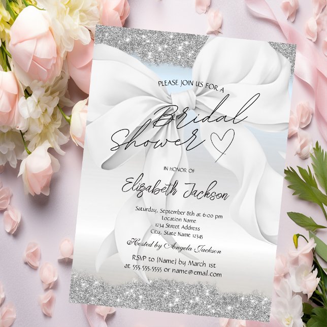 Invitación White Bow Silver Sparkle Glitter Bridal Shower  (Subido por el creador)