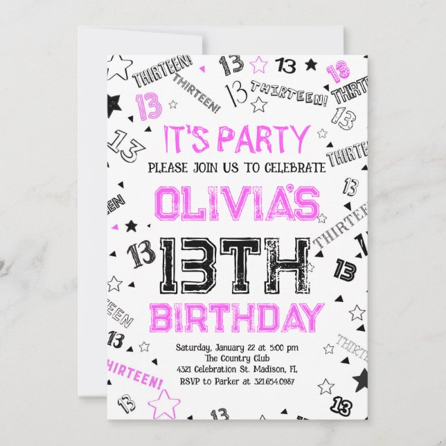Invitación White Boy Hot Pink Número Trece Fiesta de Cumpleañ (Anverso)