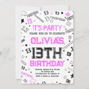 Invitación White Boy Hot Pink Número Trece Fiesta de Cumpleañ