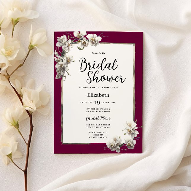 Invitación White burgundy gold orchid floral Bridal Shower (White burgundy gold orchid floral Bridal Shower)