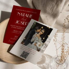Invitación White Burgundy Minimalist QR Code Photo Wedding