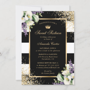 Invitación White Calla Lily Black Gold Sweet 16 cumpleaños
