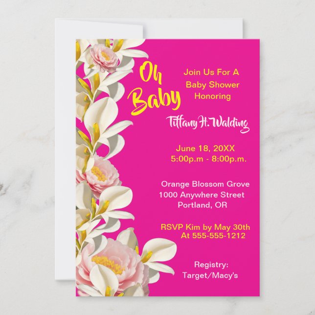 Invitación White Calla Lily y Peony Oh Baby Girl Baby Shower (Anverso)