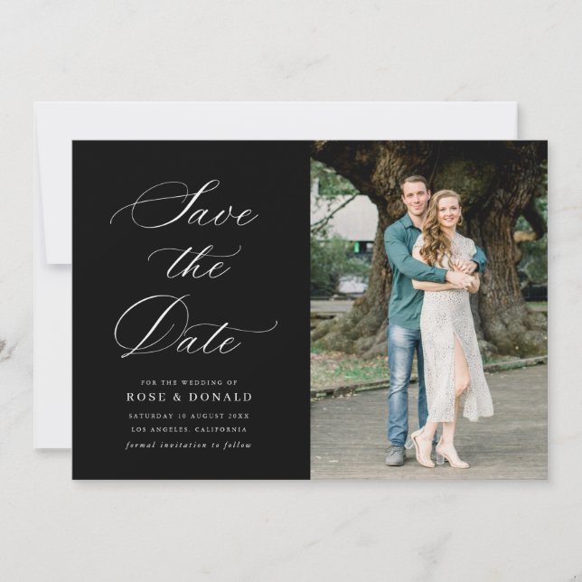 Invitación White calligraphy black wedding save the date card (Anverso)