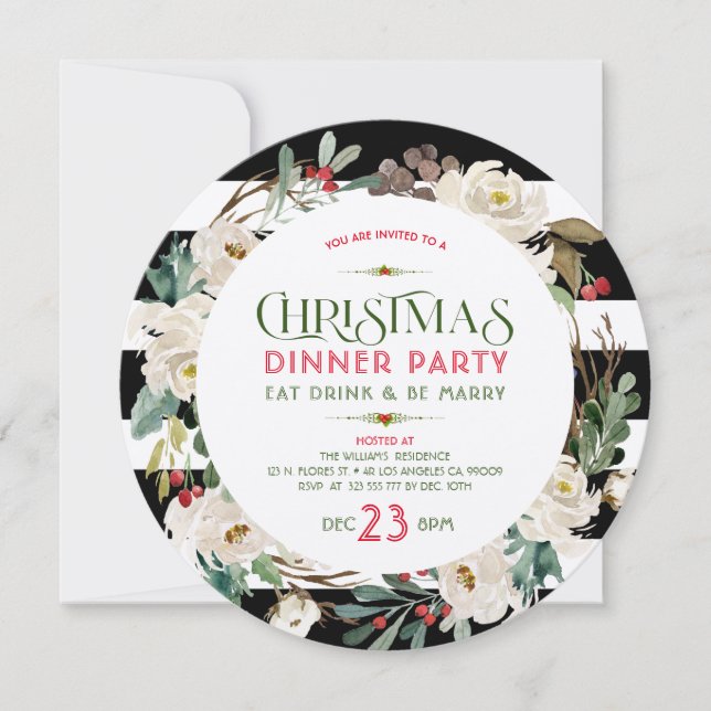 Invitación White Christmas Flowers Wreath & Stripes Pattern (Anverso)