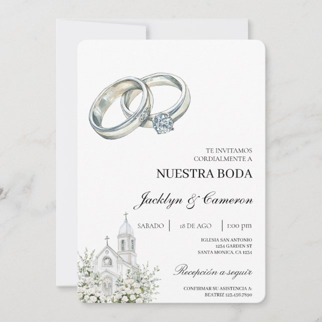 Invitación White church with ring Spanish Wedding (Anverso)