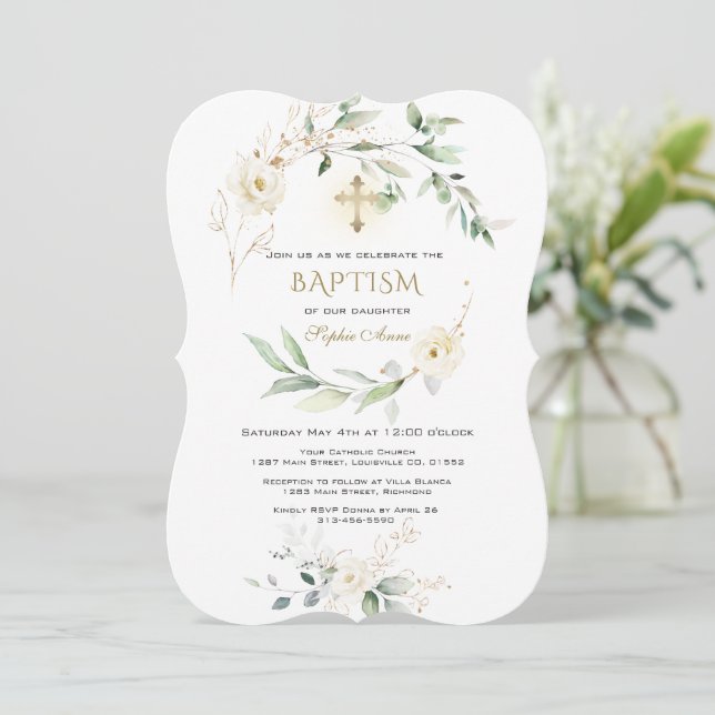 Invitación White Cream Floral Greenery Gold Cross Baptism  (Anverso de pie)