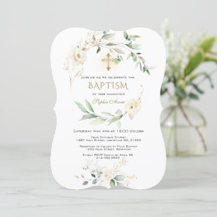 Invitación White Cream Floral Greenery Gold Cross Baptism