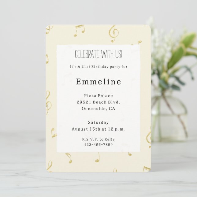 Invitación White Cream Music Notes Gold Glitzy Birthday (Anverso de pie)