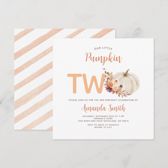 Invitación White Cream Orange Pumpkin Is Two Birthday Floral (Anverso / Reverso)