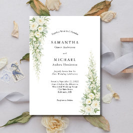 Invitación  White Cream Roses Florals Wedding Modern Elegant