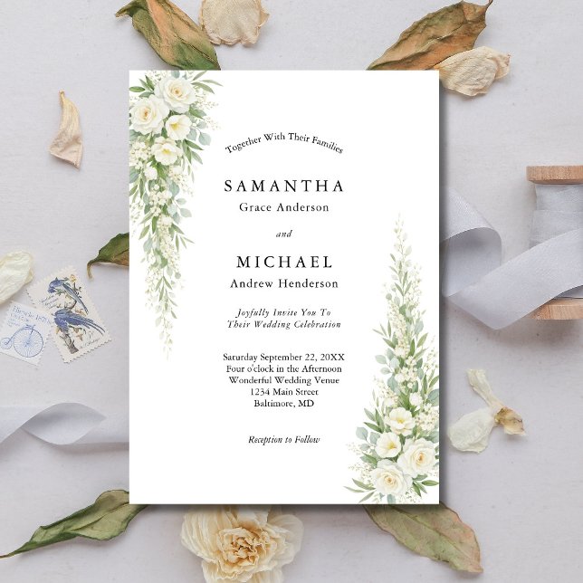 Invitación  White Cream Roses Florals Wedding Modern Elegant (White Cream Watercolor Roses Greenery Modern Classic Wedding Invitation)