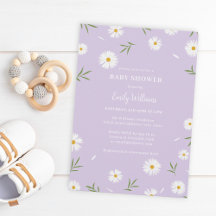 White Daisies Pastel Morado Baby Shower Minimalist