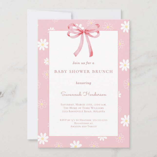 Invitación White Daisies Pink Bow Ribbon Baby Shower Brunch  (Anverso)