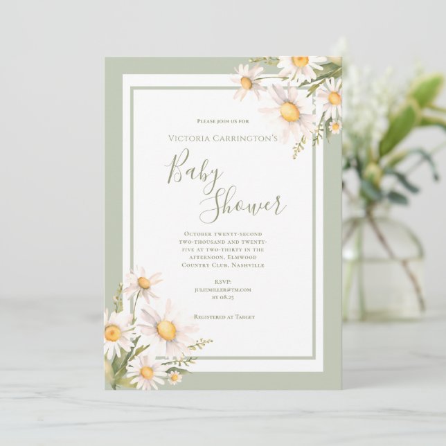 Invitación White Daisies Watercolor Baby Shower (Anverso de pie)