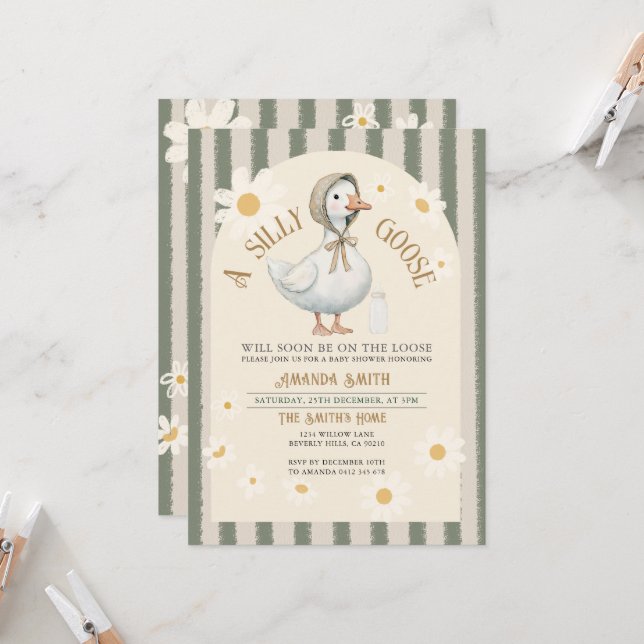 Invitación White Daisy Green Stripes Cute Goose Baby Shower (Anverso/Reverso In Situ)