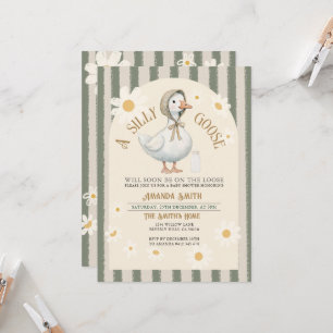 Invitación White Daisy Green Stripes Cute Goose Baby Shower