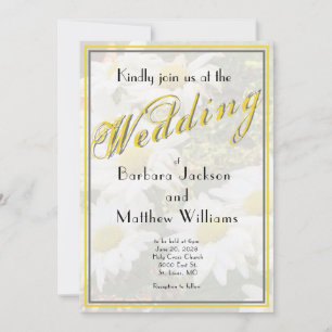 Invitación White Daisy Yellow Gold Script Boda Primavera BoHo