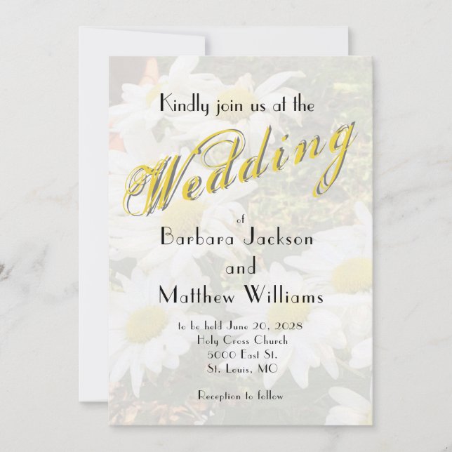 Invitación White Daisy Yellow Gold Script Boda Primavera BoHo (Anverso)