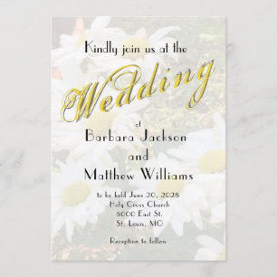 Invitación White Daisy Yellow Gold Script Boda Primavera BoHo