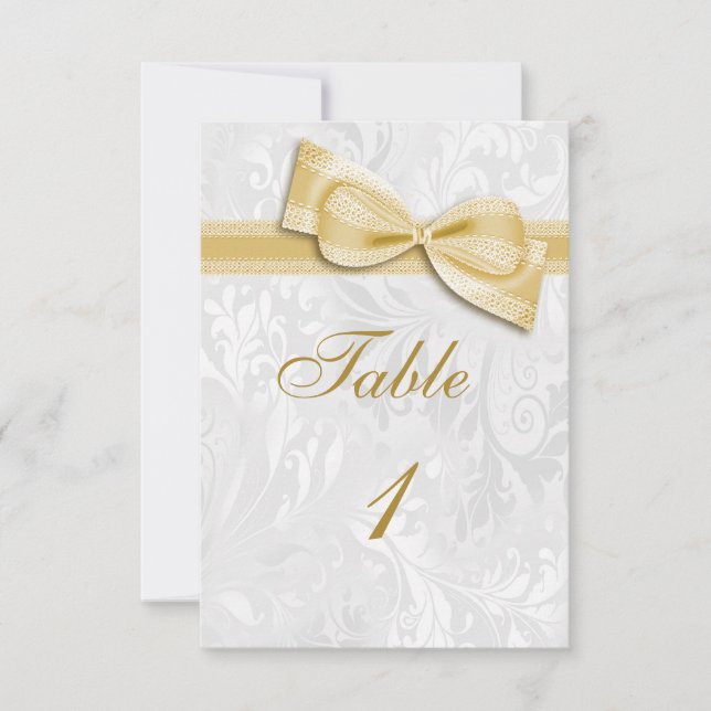 Invitación White Damask and  Gold Faux Bow (Anverso)