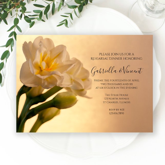 Invitación White Double Daffodils Wedding Rehearsal Dinner (Subido por el creador)