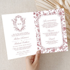 Invitación White Dusty Rose Chinoiserie Crest QR Code Wedding