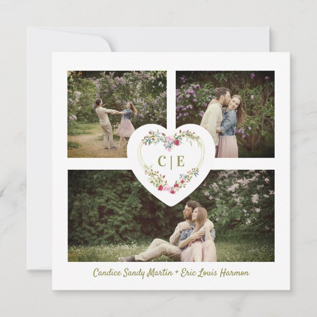 Invitación White Elegant Floral Pink Heart 3 Photos  Wedding (Anverso)