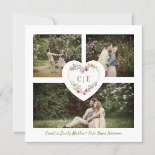 Invitación White Elegant Floral Pink Heart 3 Photos  Wedding